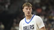 Jul 10, 2025; Las Vegas, NV, USA; Dallas Mavericks forward Cooper Flagg (32) looks on in the first quarter of the game against the Los Angeles Lakers at Thomas & Mack Center. Mandatory Credit: Candice Ward-Imagn Images