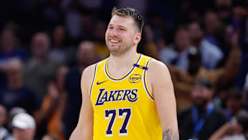 Apr 8, 2025; Oklahoma City, Oklahoma, USA; Los Angeles Lakers guard Luka Doncic (77) reacts after being ejected from a game against the Oklahoma City Thunder during the second half at Paycom Center. Mandatory Credit: Alonzo Adams-Imagn Images