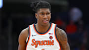 Nov 12, 2024; Syracuse, New York, USA; Syracuse Orange forward Donnie Freeman (1) reacts to a play against the Colgate Raiders during the second half at the JMA Wireless Dome. Mandatory Credit: Rich Barnes-Imagn Images