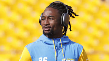 Sep 22, 2024; Pittsburgh, Pennsylvania, USA;  Los Angeles Chargers cornerback Asante Samuel Jr. (26) walks the field before playing the Pittsburgh Steelers at Acrisure Stadium. Mandatory Credit: Charles LeClaire-Imagn Images