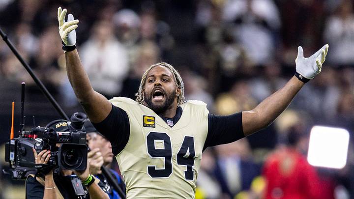 Dec 21, 2025; New Orleans, Louisiana, USA;  New Orleans Saints defensive end Cameron Jordan (94) during the run outs before the game against the New York Jets at Caesars Superdome. Mandatory Credit: Stephen Lew-Imagn Images