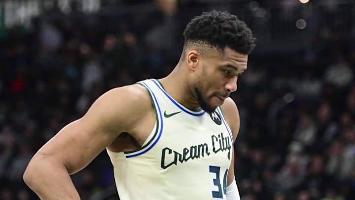 Jan 13, 2026; Milwaukee, Wisconsin, USA; Milwaukee Bucks forward Giannis Antetokounmpo (34) reacts in the second quarter against the Minnesota Timberwolves at Fiserv Forum. Mandatory Credit: Benny Sieu-Imagn Images