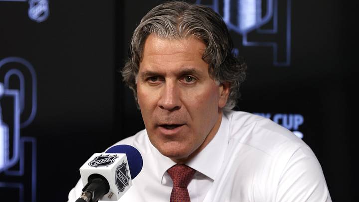Apr 30, 2024; Winnipeg, Manitoba, CAN; Colorado Avalanche head coach Jared Bednar talks to media after their victory over the Winnipeg Jets in game five of the first round of the 2024 Stanley Cup Playoffs at Canada Life Centre. Mandatory Credit: James Carey Lauder-Imagn Images