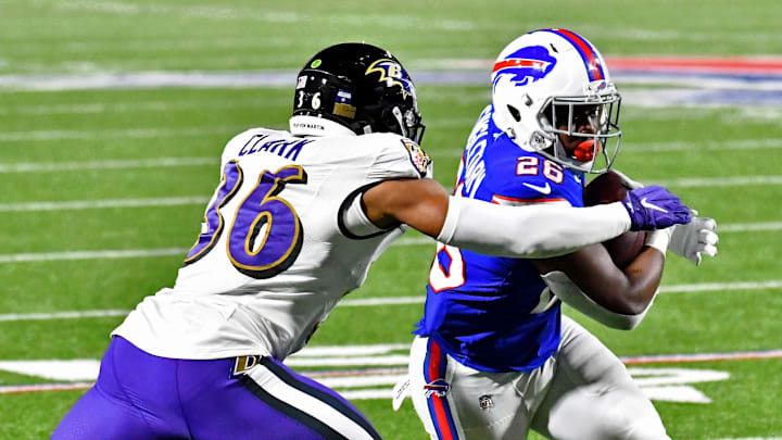 Former Ravens safety Chuck Clark runs to tackle Bills running back Devin Singletary. Former Ravens safety Chuck Clark runs to tackle Bills running back Devin Singletary.