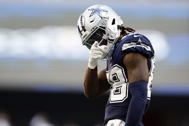 Dallas Cowboys wide receiver CeeDee Lamb reacts after getting a first down against the Chicago Bears.