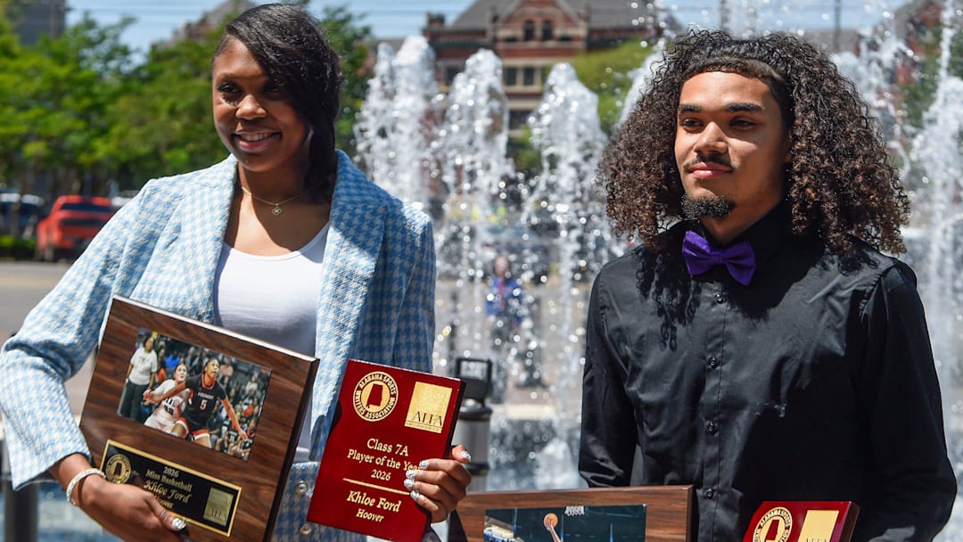 Khloe Ford, of Hoover High School, and Jaylen Alexander, of Oxford High School, are named Ms. and Mr. Basketball by the Alabama Sports Writers Association during its awards basketball luncheon in Montgomery, Ala., on Tuesday, April 14, 2026.