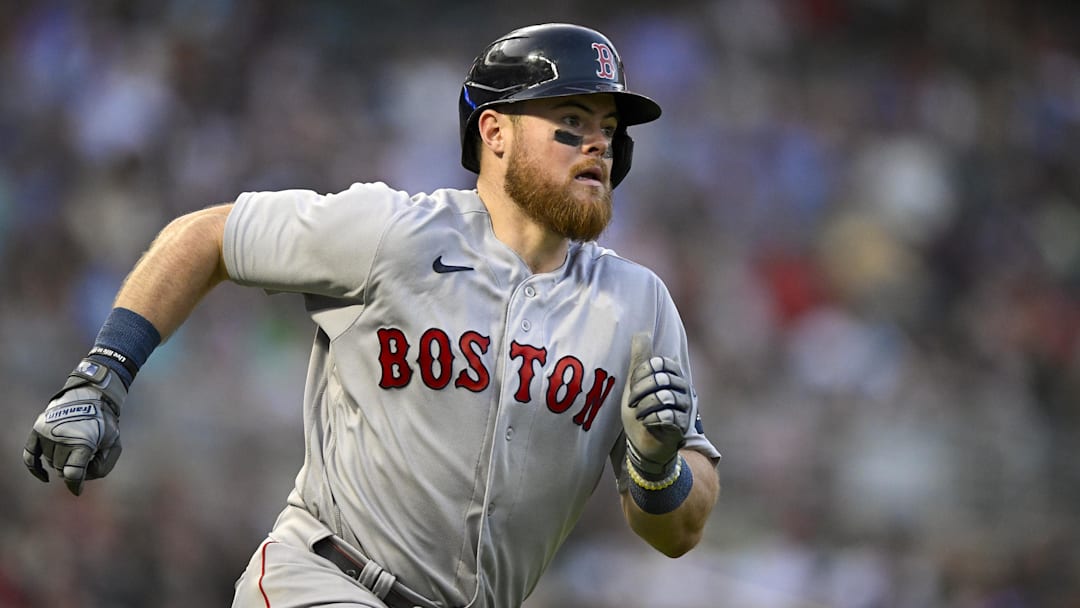 Jun 20, 2023; Minneapolis, Minnesota, USA;  Boston Red Sox infielder Christian Arroyo (39) runs to second on a double while driving in two runs against the Minnesota Twins during the seventh inning at Target Field. Mandatory Credit: Nick Wosika-Imagn Images