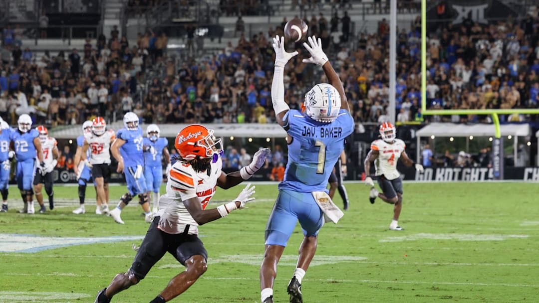 Nov 11, 2023; Orlando, Florida, USA; UCF Knights wide receiver Javon Baker (1) catches a pass in