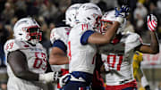 South Alabama Jaguars wide receiver Jeremiah Webb (81) clelbrates his touchdown catch with teammates against Western Michigan in the Salute to Veterans Bowl, held at Cramton Bowl in Montgomery, Ala., on Saturday December 14, 2024.
