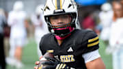 Alabama State quarterback Andrew Body (1) warms up before the Magic City Classic at Legion Field in Birmingham, Ala., on Saturday October 25, 2025.