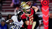 Bullitt East Charger throws a pass in the second half of a high school football game between the Bullitt East Chargers and North Hardin Trojans, Thursday, Nov. 6, 2025, at Bullitt East High School Stadium. Chargers won 28-21.
