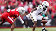 Baylor Bears wide receiver Ashtyn Hawkins (6) fumbles the ball in the second quarter of a NCAA men’s football game between the Cincinnati Bearcats and Baylor Bears, Saturday, Oct. 25, 2025, at Nippert Stadium in Cincinnati