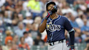 Detroit, Michigan, USA; Tampa Bay Rays third baseman Junior Caminero (13) celebrates after he hits a home run in the seventh inning against the Detroit Tigers at Comerica Park.