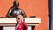 Former Cincinnati Reds sportscaster Marty Brennaman waves to the crowd after unveiling his statue at Croseley Terrace, Saturday, Sept. 6, 2025, at Great American Ball Park in downtown Cincinnati.