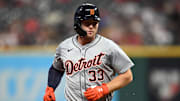 Jul 22, 2024; Cleveland, Ohio, USA; Detroit Tigers second baseman Colt Keith (33) rounds the bases after hitting a home run during the ninth inning against the Cleveland Guardians at Progressive Field. Mandatory Credit: Ken Blaze-USA TODAY Sports