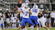 Oct 5, 2022; Orlando, Florida, USA; Southern Methodist Mustangs quarterback Preston Stone (2) during the second half against the UCF Knights at FBC Mortgage Stadium. Mandatory Credit: Mike Watters-Imagn Images