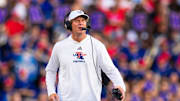 Sep 6, 2025; Baton Rouge, Louisiana, USA;  Louisiana Tech Bulldogs head coach Sonny Cumbie looks on against LSU Tigers during the first half against Louisiana Tech Bulldogs at Tiger Stadium. Mandatory Credit: Stephen Lew-Imagn Images