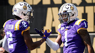 LSU wide receiver Ja'Marr Chase (1) reacts to scoring a touchdown against Vanderbilt with wide receiver Justin Jefferson (2) during the first half at Vanderbilt Stadium in Nashville, Tenn., Saturday, Sept. 21, 2019.