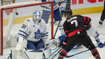 Dec 7, 2023; Ottawa, Ontario, CAN; Toronto Maple Leafs goalie Martin Jones (31) makes a save on a