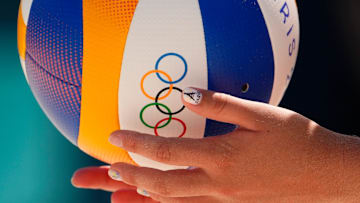 The Netherlands prepares to serve to Spain in beach volleyball during round 16 during the Paris 2024 Olympic Summer Games at Eiffel Tower Stadium on Aug. 5, 2024.