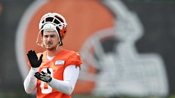Jun 12, 2025; Berea, OH, USA; Cleveland Browns quarterback Kenny Pickett (8) looks on during mini camp at CrossCountry Mortgage Campus. Mandatory Credit: Ken Blaze-Imagn Images