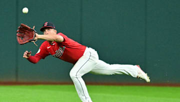 Sep 1, 2023; Cleveland, Ohio, USA; Cleveland Guardians center fielder Myles Straw (7) catches a ball hit by Tampa Bay Rays second baseman Brandon Lowe (not pictured) during the sixth inning at Progressive Field. Mandatory Credit: Ken Blaze-Imagn Images