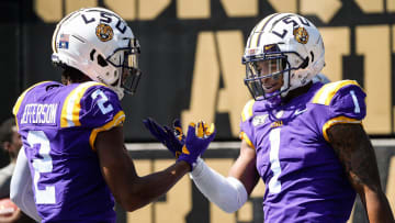 LSU wide receiver Ja'Marr Chase (1) reacts to scoring a touchdown against Vanderbilt with wide receiver Justin Jefferson (2) during the first half at Vanderbilt Stadium in Nashville, Tenn., Saturday, Sept. 21, 2019.