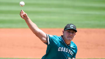 Coastal Carolina Chanticleer's Jacob Morrison (51) pitches against Auburn during game two of the NCAA Baseball Super Regonal at Plainsman Park in Auburn, Ala., on Friday June 6, 2025.