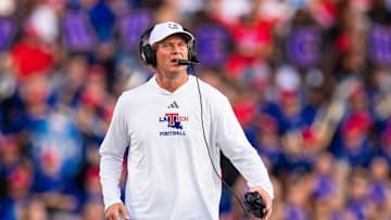 Sep 6, 2025; Baton Rouge, Louisiana, USA;  Louisiana Tech Bulldogs head coach Sonny Cumbie looks on against LSU Tigers during the first half against Louisiana Tech Bulldogs at Tiger Stadium. Mandatory Credit: Stephen Lew-Imagn Images