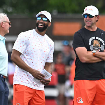 Jul 28, 2025; Berea, OH, USA; Cleveland Browns managing and principal partner Jimmy Haslam, left,  and executive vice president, football operations & general manager Andrew Berry, middle, and executive vice president, partner JW Johnson watch during training camp at CrossCountry Mortgage Campus. Mandatory Credit: Ken Blaze-Imagn Images