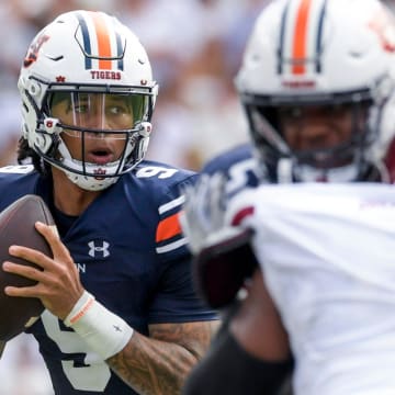 Auburn Tigers quarterback Robby Ashford (9) against UMass during their game at Jordan-Hare Stadium on the Auburn University campus in Auburn, Ala., on Saturday September 2, 2023.