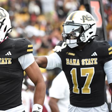 Alabama State quarterback Andrew Body (1) celebrates hish ruching touchdown against Alabama A&M during the Magic City Classic at Legion Field in Birmingham, Ala., on Saturday October 25, 2025.
