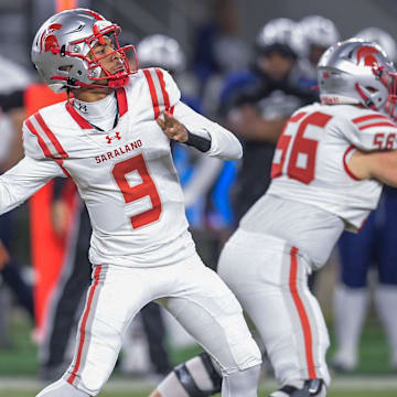 Saraland's Karle Lacey, Jr., (9) throws an early touchdown pass against Clay-Chalkville during the AHSAA Class 6A football state championship game at Bryant Denny Stadium in Tuscaloosa, Ala., on Friday December 8, 2023.