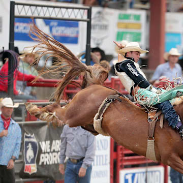 Bareback rider Bradlee Miller, of Huntsville, Texas