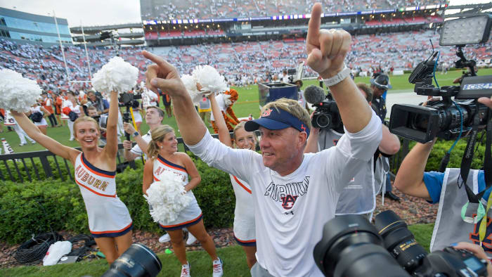 Auburn Tigers head coach Hugh Freeze thanks the fans after defeating UMass at Jordan-Hare Stadium on