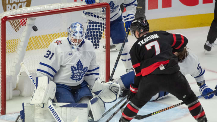 Dec 7, 2023; Ottawa, Ontario, CAN; Toronto Maple Leafs goalie Martin Jones (31) makes a save on a
