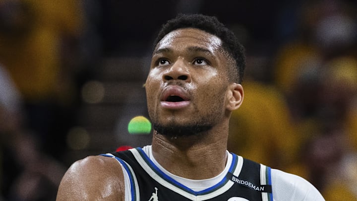 Apr 19, 2025; Indianapolis, Indiana, USA; Milwaukee Bucks forward Giannis Antetokounmpo (34) in the first half against the Indiana Pacers at Gainbridge Fieldhouse. Mandatory Credit: Trevor Ruszkowski-Imagn Images