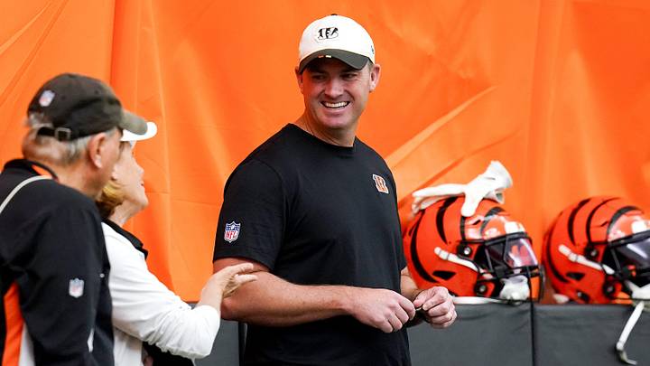 Cincinnati Bengals head coach Zac Taylor on the sidelines during practice on Tuesday, June 9, 2026, inside the teams practice bubble.