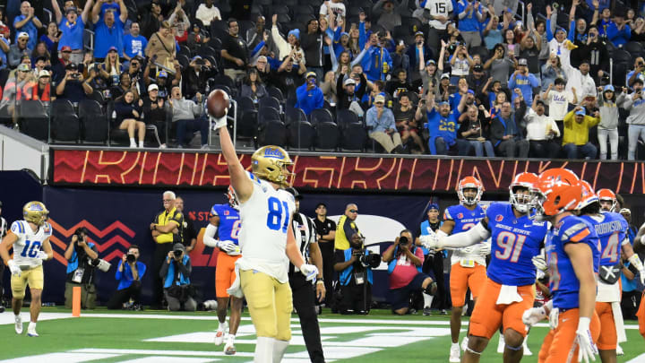 Dec 16, 2023; Inglewood, CA, USA; UCLA Bruins tight end Hudson Habermehl (81) celebrates after scoring a touchdown against the Boise State Broncos during the first quarter of the Starco Brands LA Bowl at SoFi Stadium. Mandatory Credit: Robert Hanashiro-USA TODAY Sports