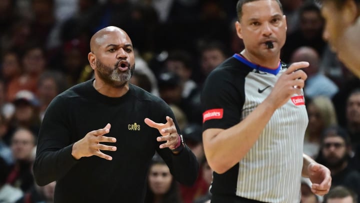 Apr 10, 2024; Cleveland, Ohio, USA; Cleveland Cavaliers head coach J.B. Bickerstaff reacts during the first half against the Memphis Grizzlies at Rocket Mortgage FieldHouse. Mandatory Credit: Ken Blaze-USA TODAY Sports