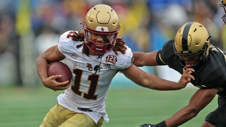 Oct 7, 2023; West Point, New York, USA; Boston College Eagles wide receiver Lewis Bond (11) runs the ball against the Army Black Knights during the first half at Michie Stadium. Mandatory Credit: Danny Wild-USA TODAY Sports