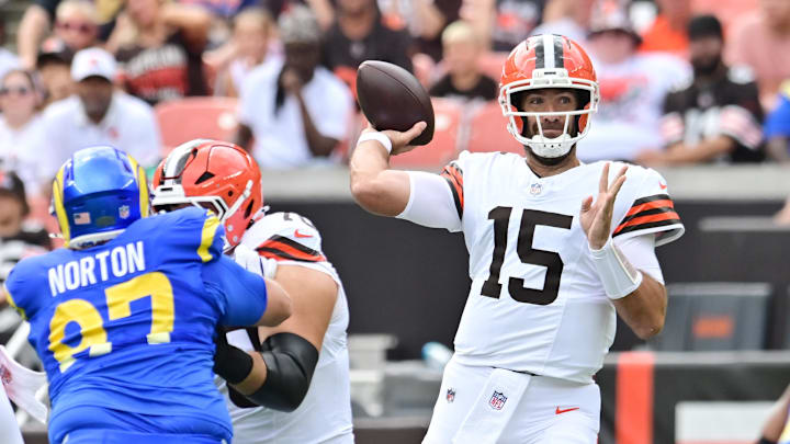 Aug 23, 2025; Cleveland, Ohio, USA; Cleveland Browns quarterback Joe Flacco (15) throws a pass during the first quarter against the Los Angeles Rams at Huntington Bank Field. Mandatory Credit: Ken Blaze-Imagn Images