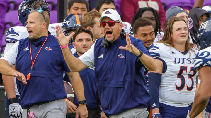 Dec 16, 2022; Orlando, Florida, USA; UTSA Roadrunners head coach Jeff Traylor reacts to a call during the second quarter against the Troy Trojans at Exploria Stadium. Mandatory Credit: Mike Watters-USA TODAY Sports