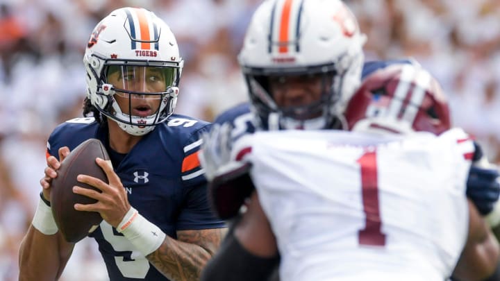 Auburn Tigers quarterback Robby Ashford (9) against UMass during their game at Jordan-Hare Stadium on the Auburn University campus in Auburn, Ala., on Saturday September 2, 2023.