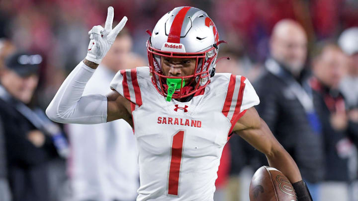 Saraland's Ryan Williams (1) scores his second touchdown of the night against Clay-Chalkville during the AHSAA Class 6A football state championship game at Bryant Denny Stadium in Tuscaloosa, Ala., on Friday December 8, 2023.