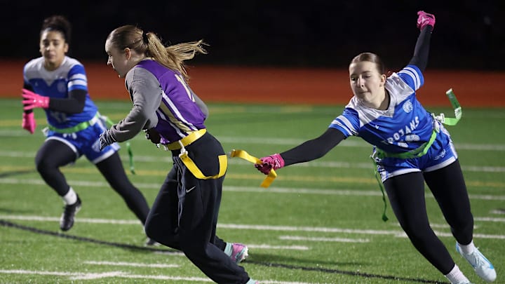 Kingston girls flag football team hosted Olympic, North Kitsap and Bainbridge for a jamboree on Thursday, Jan. 16, 2025. Kingston girls flag football team hosted Olympic, North Kitsap and Bainbridge for a jamboree on Thursday, Jan. 16, 2025.
