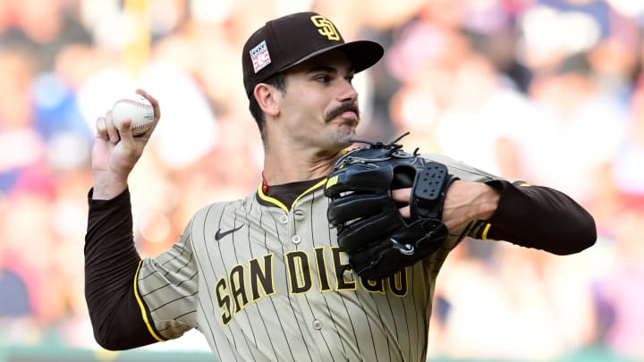 Jul 20, 2024; Cleveland, Ohio, USA; San Diego Padres starting pitcher Dylan Cease (84) throws a pitch during the first inning against the Cleveland Guardians at Progressive Field. Mandatory Credit: Ken Blaze-USA TODAY Sports