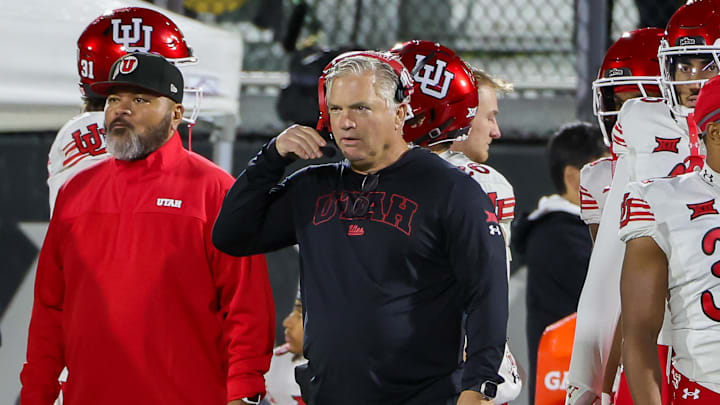 Nov 29, 2024; Orlando, Florida, USA; Utah Utes head coach Kyle Whittingham looks on during the second half against the UCF Knights at FBC Mortgage Stadium. Mandatory Credit: Mike Watters-Imagn Images Nov 29, 2024; Orlando, Florida, USA; Utah Utes head coach Kyle Whittingham looks on during the second half against the UCF Knights at FBC Mortgage Stadium. Mandatory Credit: Mike Watters-Imagn Images