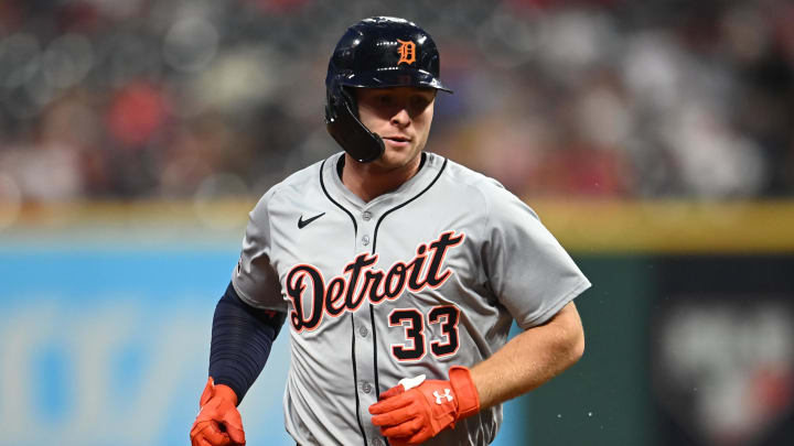 Jul 22, 2024; Cleveland, Ohio, USA; Detroit Tigers second baseman Colt Keith (33) rounds the bases after hitting a home run during the ninth inning against the Cleveland Guardians at Progressive Field. Mandatory Credit: Ken Blaze-USA TODAY Sports