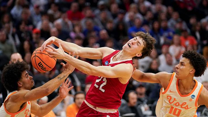Miami (OH) RedHawks wing Brant Byers (22) is double teamed by Tennessee Volunteers guard Ja'kobi Gillespie (0) and Tennessee Volunteers forward Nate Ament (10) in the first half of the NCAA Tournament First Round game between the Miami Redhawks and Tennessee Volunteers, Friday, March 20, 2026, at Xfinity Mobile Arena in Philadelphia, PA.